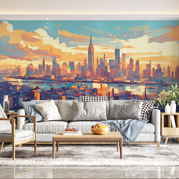 Cityscape Mural Wallpaper in Living Room | Various Colors (Blue, Orange, etc.) of City