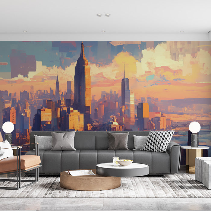 Cityscape Mural Wallpaper in Living Room | Various Colors (Blue, Orange, etc.) of City