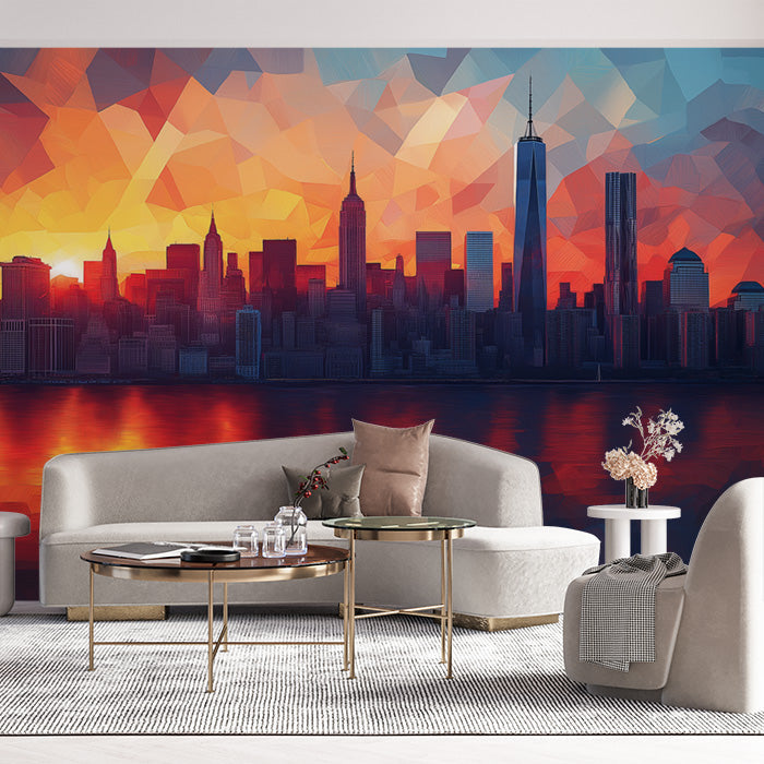 Sunset Cityscape Mural Wallpaper in Living Room | Various Colors (Orange, Red, Blue, etc.) of City
