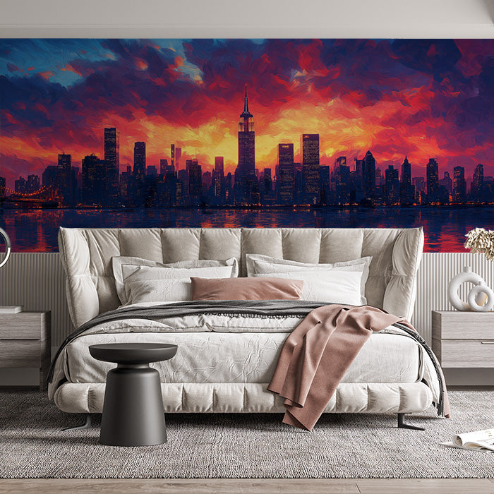 Sunset Cityscape Mural Wallpaper in Living Room | Various Colors (Orange, Red, Blue, etc.) of City