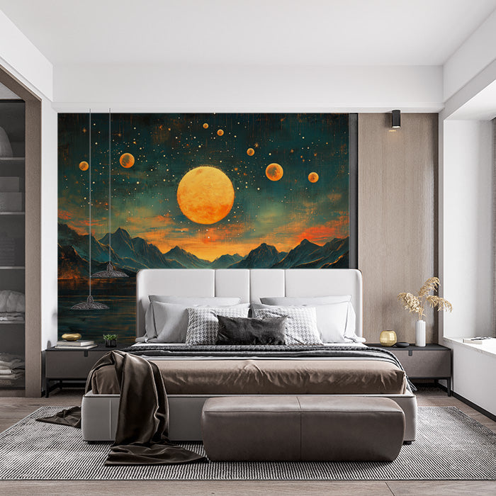 Celestial and Mountain Mural Wallpaper in Bedroom | Various Colors (Orange, Green, etc.) of Sunset and Mountain