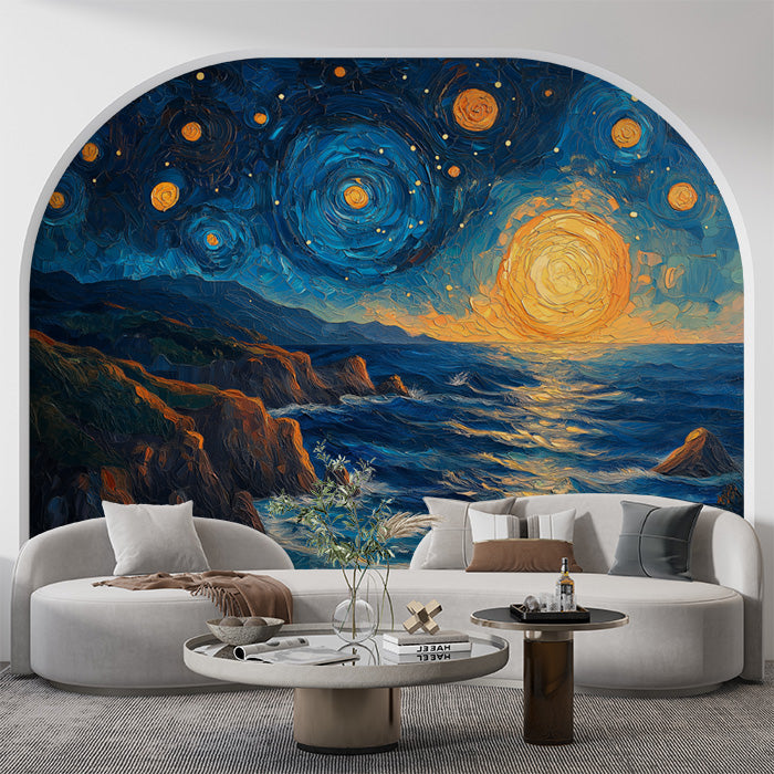 Celestial and Mountain Mural Wallpaper in Bedroom | Various Colors (Orange, Green, etc.) of Sunset and Mountain