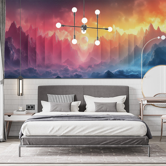 Sunset Mountain Mural Wallpaper in Bedroom | Various Colors (Pink, Orange, Blue, etc.) of Sunset Mountain