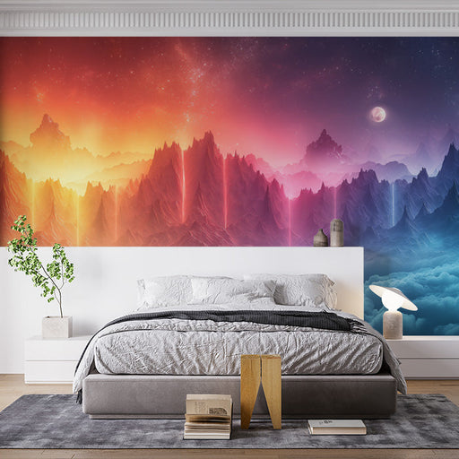 Sunset Mountain Mural Wallpaper in Bedroom | Various Colors (Pink, Orange, Blue, etc.) of Sunset Mountain