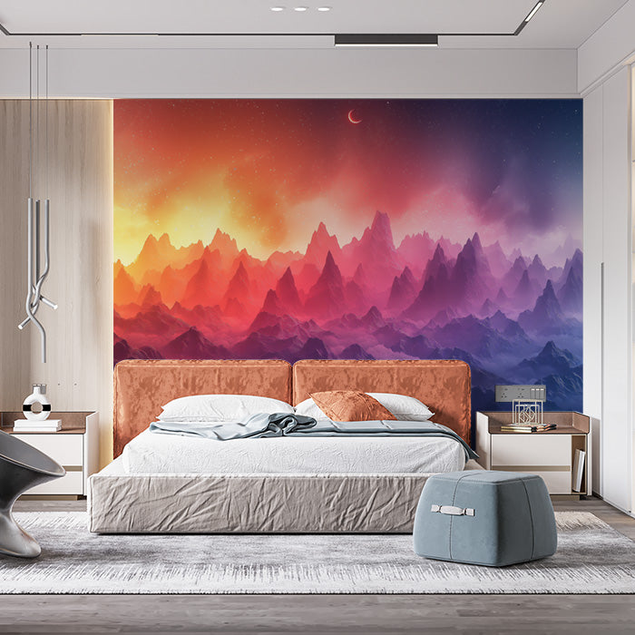 Sunset Mountain Mural Wallpaper in Bedroom | Various Colors (Pink, Orange, Blue, etc.) of Sunset Mountain