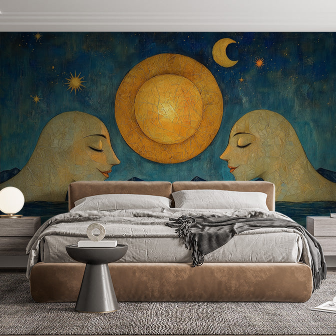 Moon and Faces Mural Wallpaper in Bedroom | Various Colors (Blue, Yellow, etc.) Moon and Faces