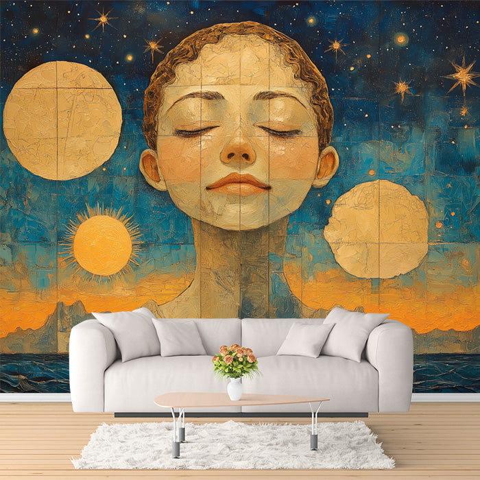 Moon and Faces Mural Wallpaper in Bedroom | Various Colors (Blue, Yellow, etc.) Moon and Faces