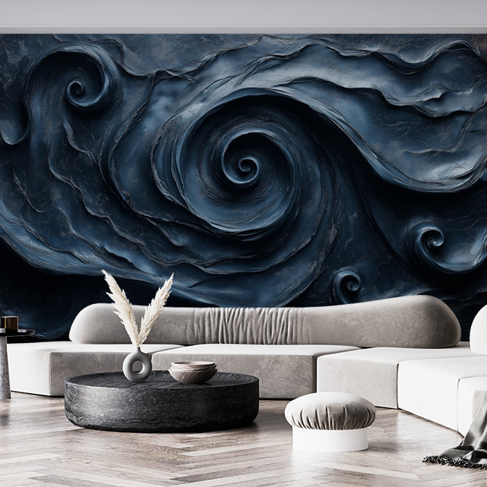 Dark Swirl Mural Wallpaper in Living Room | Dark Blue Dark Swirl