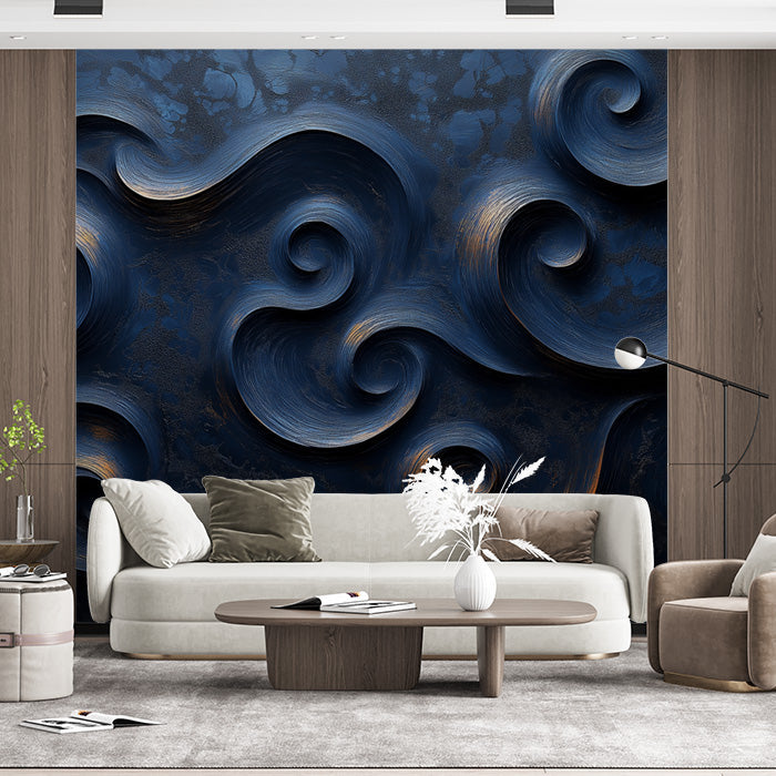 Dark Swirl Mural Wallpaper in Living Room | Dark Blue Dark Swirl
