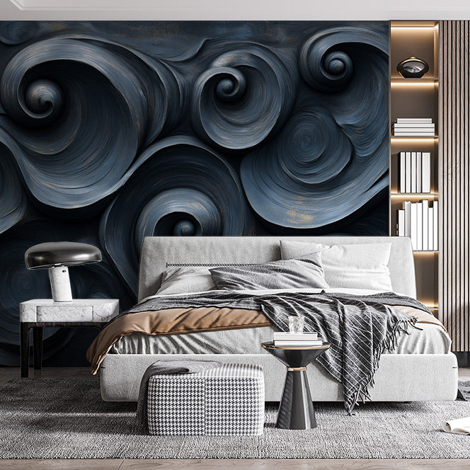Dark Swirl Mural Wallpaper in Living Room | Dark Blue Dark Swirl