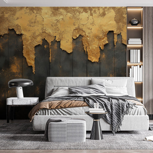 Gold and Black Mural Wallpaper in Bedroom | Gold and Black Wooden Board