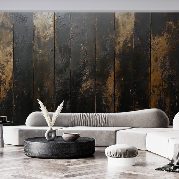 Black and Gold Panel Mural Wallpaper in Living Room | Black and Gold Wooden Panel