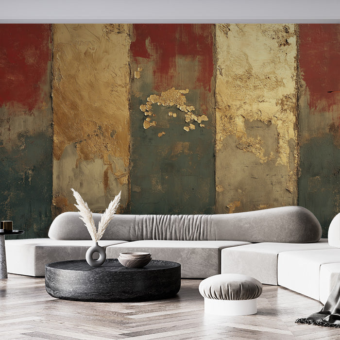 Black and Gold Panel Mural Wallpaper in Living Room | Black and Gold Wooden Panel