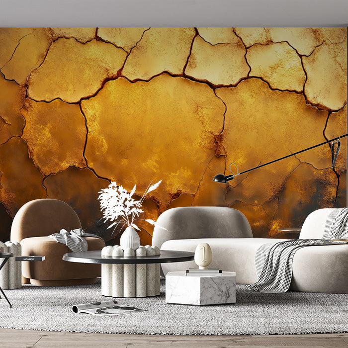 Cracked Gold Mural Wallpaper in Living Room | Gold and Brown Surface