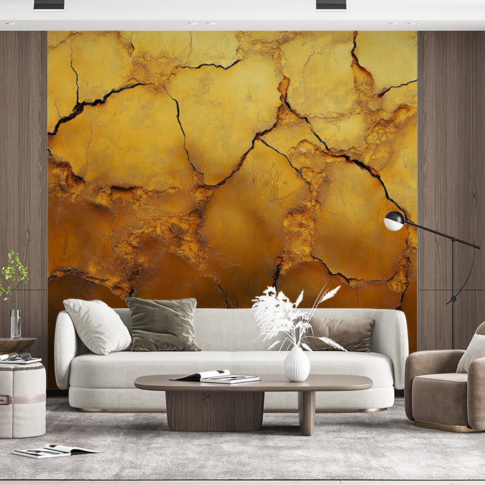 Cracked Gold Mural Wallpaper in Living Room | Gold and Brown Surface