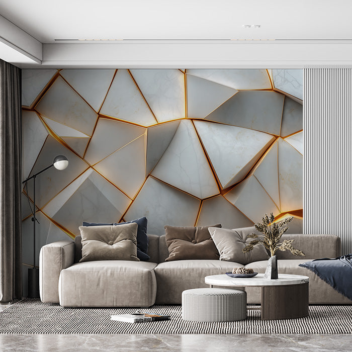 Geometric Marble and Gold Mural Wallpaper in Living Room | Gray, Gold Marble