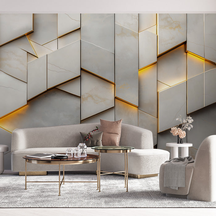 Geometric Marble and Gold Mural Wallpaper in Living Room | Gray, Gold Marble