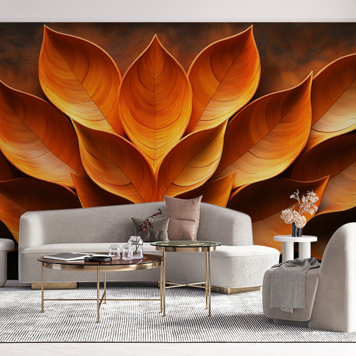 Giant Orange Leaf Mural Wallpaper in Living Room | Various Shades of Orange Leaves