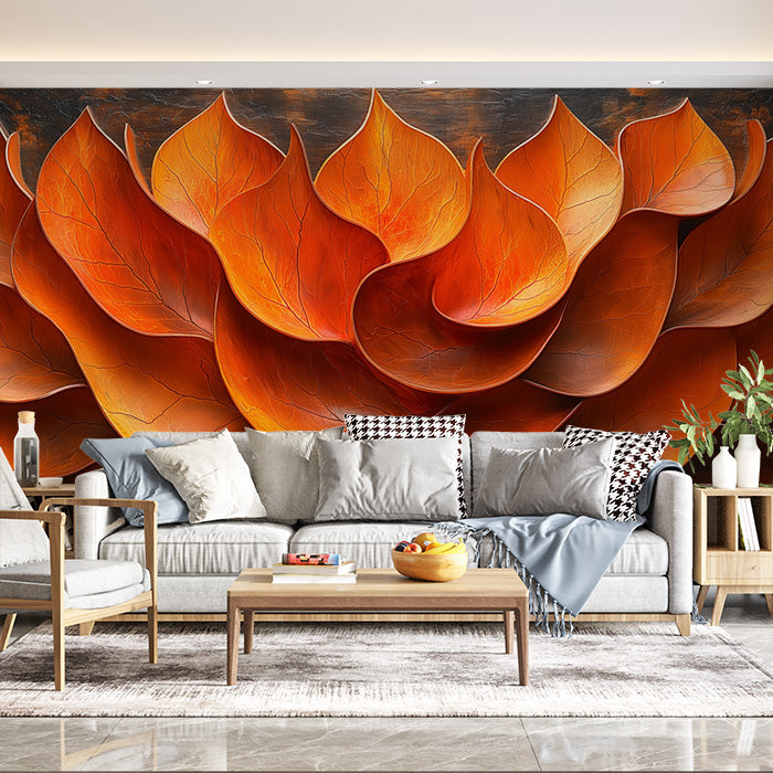 Giant Orange Leaf Mural Wallpaper in Living Room | Various Shades of Orange Leaves