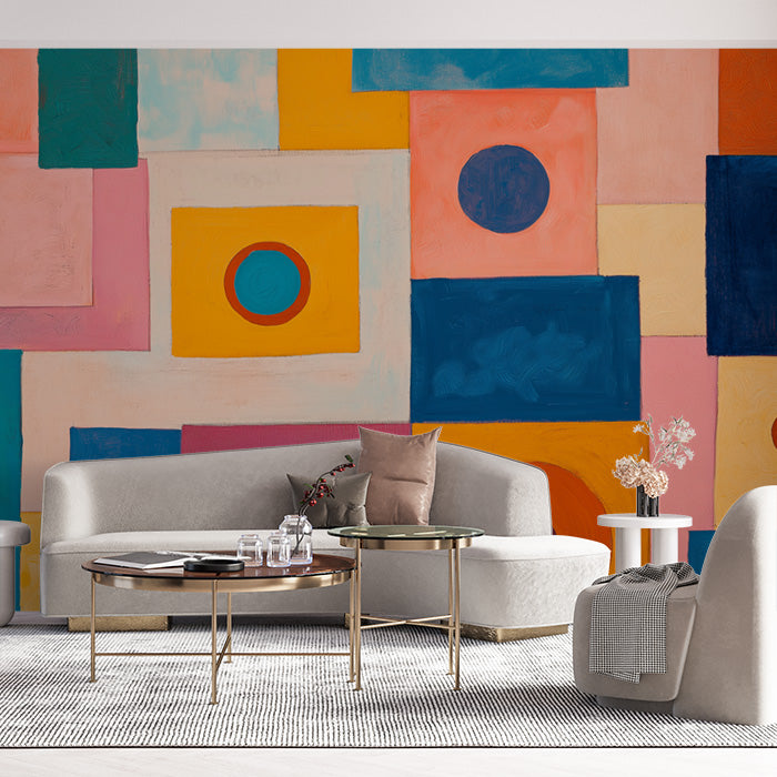 Colorful Geometric Shapes Mural Wallpaper in Office | Various Colors (Orange, Blue, Pink, etc.) of Geometric Shapes