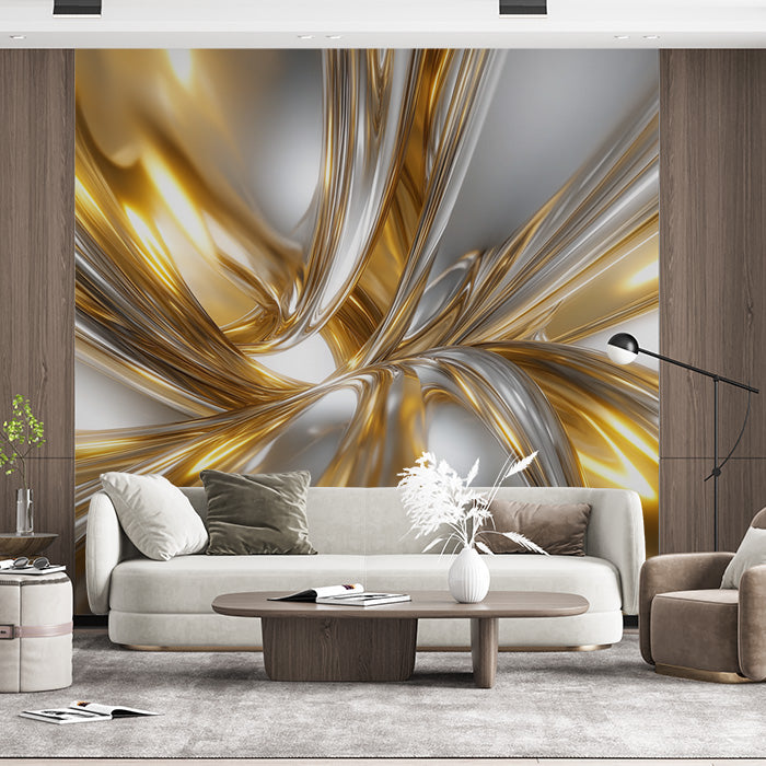 Gold and Silver Fluid Mural Wallpaper in Living Room | Gold, Silver, and Gray Fluid