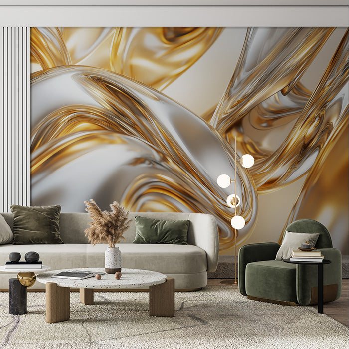 Gold and Silver Fluid Mural Wallpaper in Living Room | Gold, Silver, and Gray Fluid