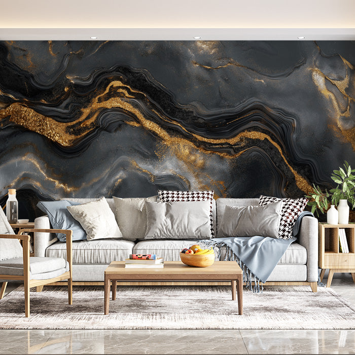 Black and Gold Marble Vein Mural Wallpaper in Living Room | Black, Gold Marble Vein