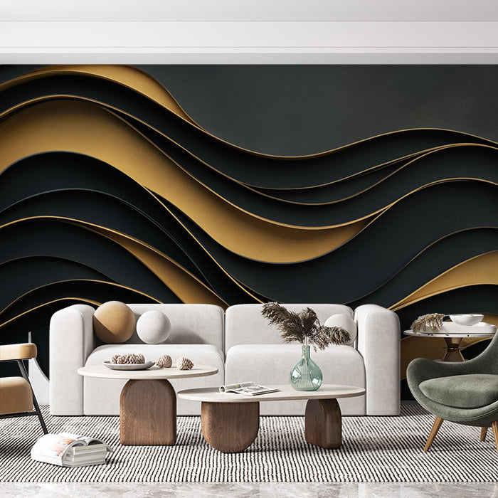 Black and Gold Wave Mural Wallpaper in Living Room | Black and Gold Wave