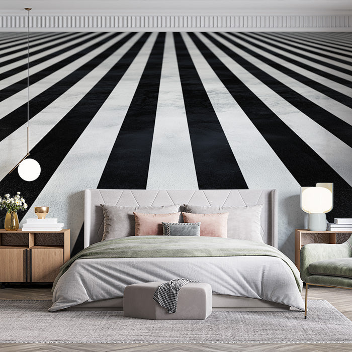 Black and White Stripe Mural Wallpaper in Bedroom | Black and White Stripe