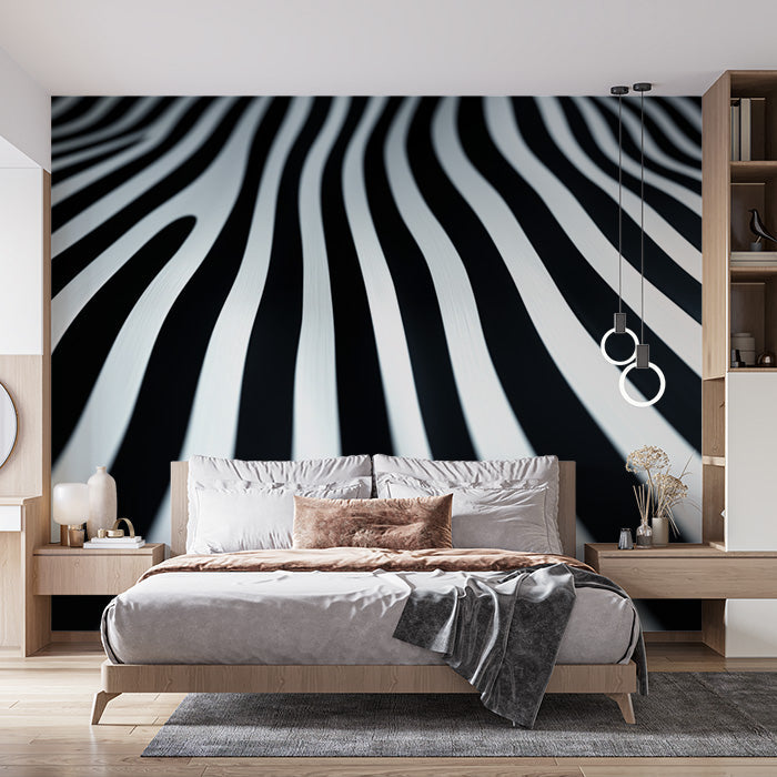 Black and White Stripe Mural Wallpaper in Bedroom | Black and White Stripe