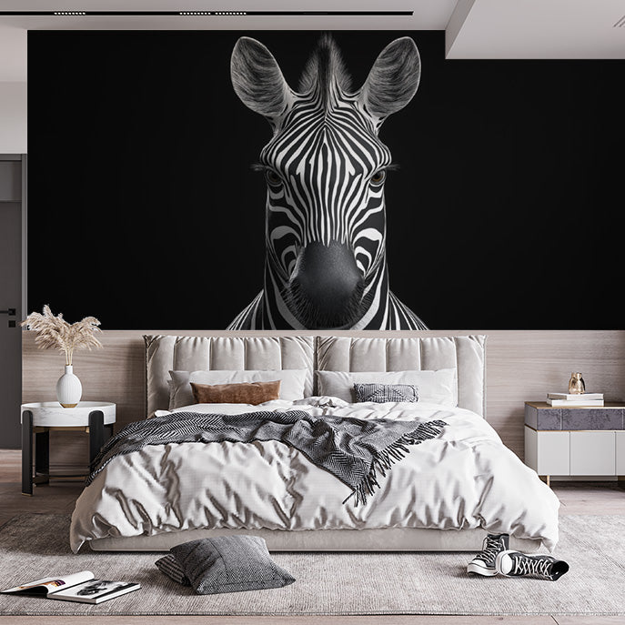 Zebra Head Mural Wallpaper in Bedroom | Black and White Zebra