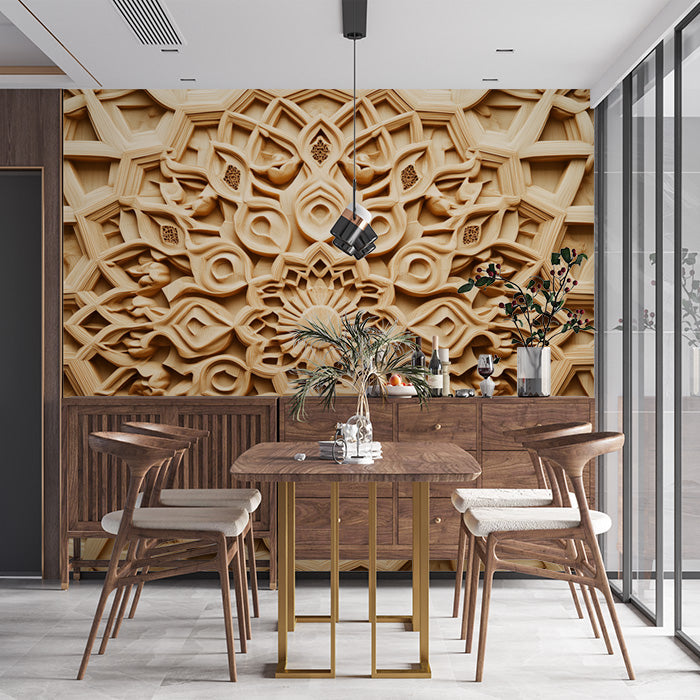 Wooden Mandala Mural Wallpaper in Dining Room | Various Shades of Brown Mandala for Buddhism