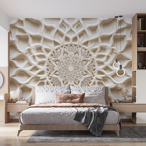 Wooden Mandala Mural Wallpaper in Dining Room | Various Shades of Brown Mandala for Buddhism