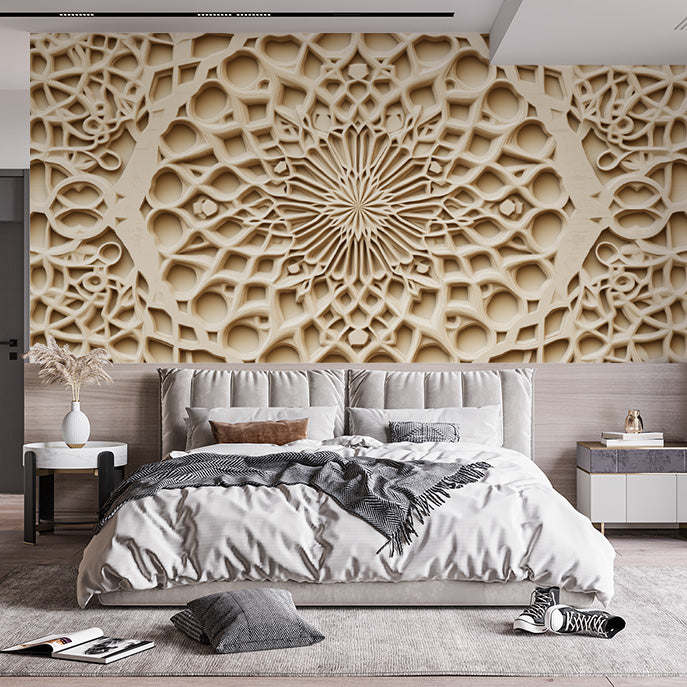 Wooden Mandala Mural Wallpaper in Dining Room | Various Shades of Brown Mandala for Buddhism