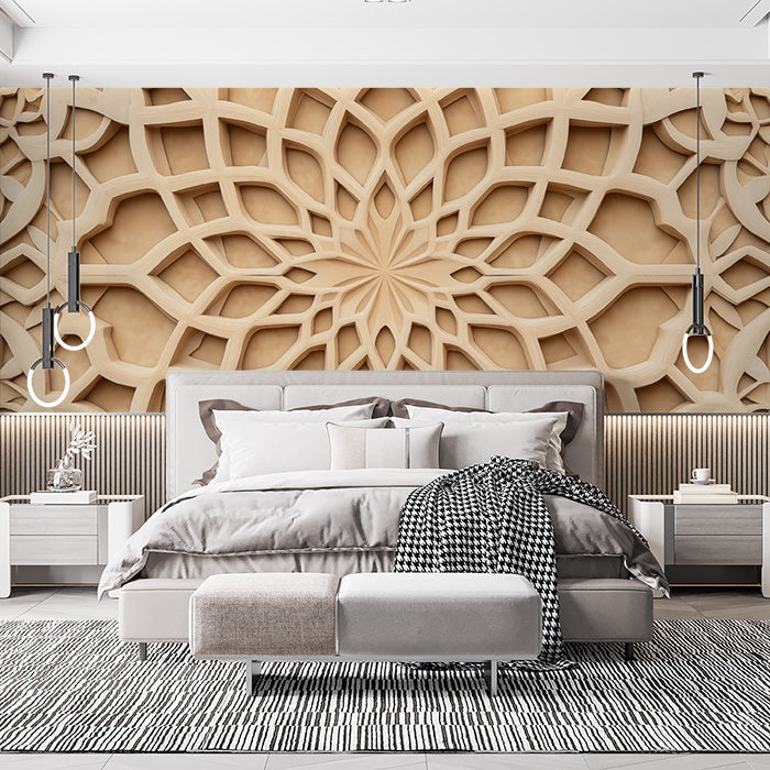 Wooden Mandala Mural Wallpaper in Dining Room | Various Shades of Brown Mandala for Buddhism
