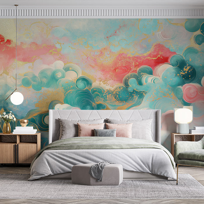 Colorful Cloud and Wave Mural Wallpaper in Bedroom | Various Colors (Pink, Blue, Gold, etc.) of Clouds