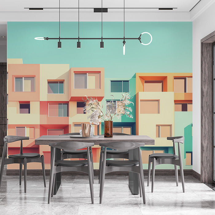 Colorful Building Facade Mural Wallpaper in Caf¨¦ Area | Various Colors (Orange, Green, etc.) of Building