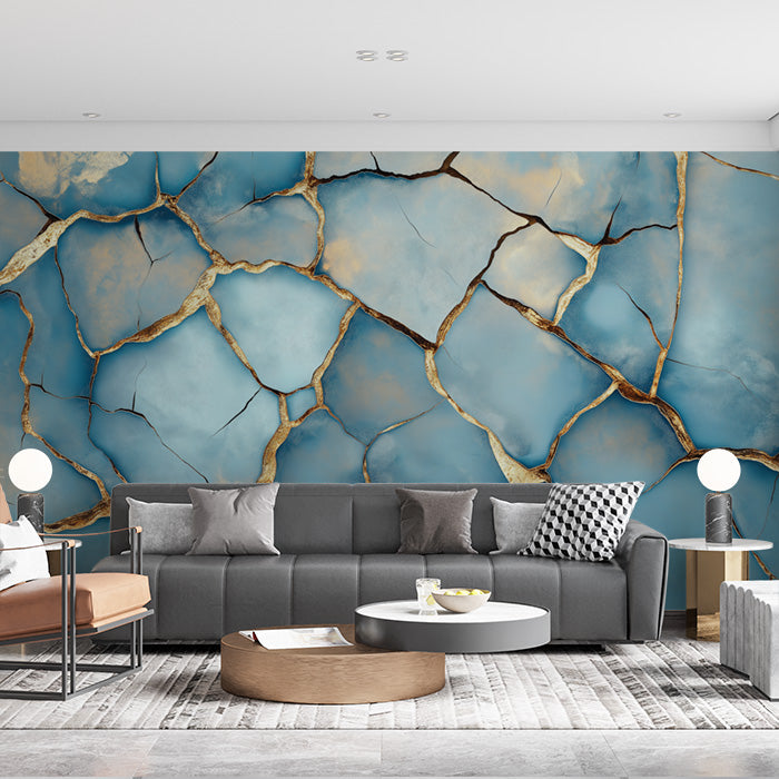 Blue and Gold Cracked Mural Wallpaper in Living Room | Blue and Gold Crack