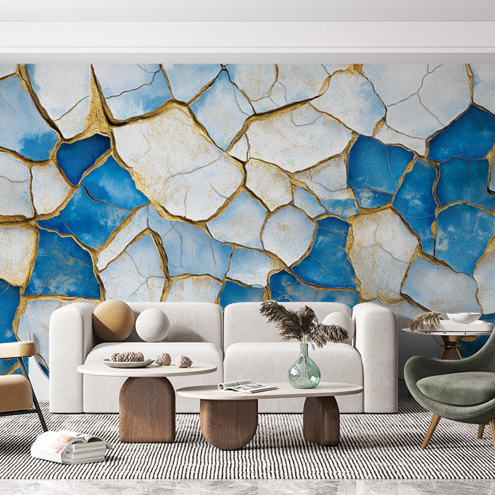 Blue and Gold Cracked Mural Wallpaper in Living Room | Blue and Gold Crack