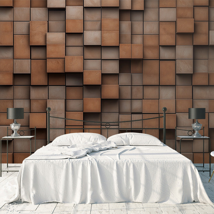 Wooden Cube Mural Wallpaper in Dining Room | Various Shades of Brown Wooden Cube
