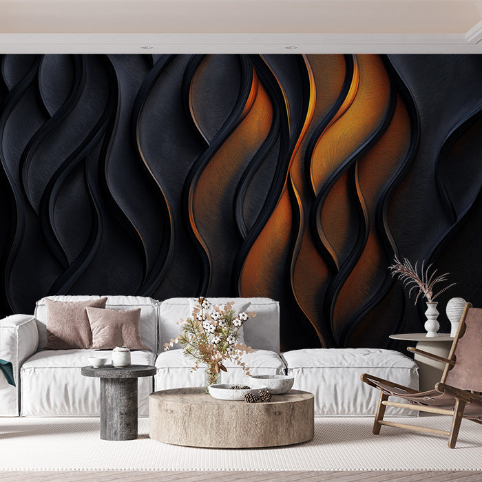 Black and Orange Wave Mural Wallpaper in Home office | Black and Orange Wave