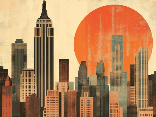 Vintage Cityscape and Sunset Mural Wallpaper in Home office | Various Colors (Orange, Yellow, etc.) of City
