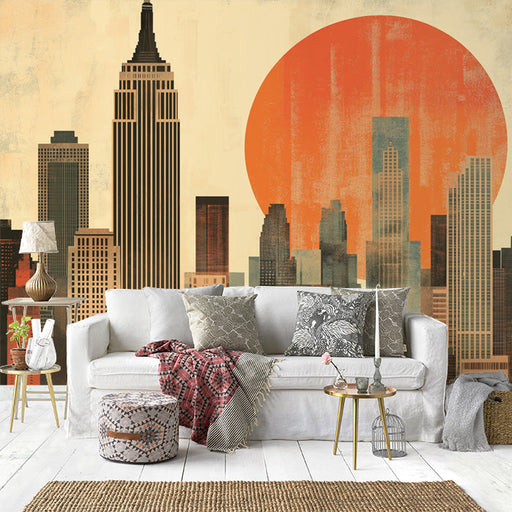 Vintage Cityscape and Sunset Mural Wallpaper in Home office | Various Colors (Orange, Yellow, etc.) of City