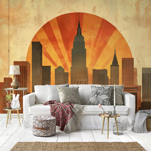 Vintage Cityscape and Sunset Mural Wallpaper in Home office | Various Colors (Orange, Yellow, etc.) of City