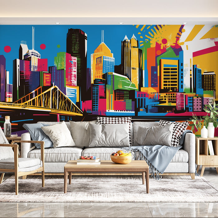 Colorful Cityscape Mural Wallpaper in Office | Various Colors (Blue, Red, Yellow, etc.) of City