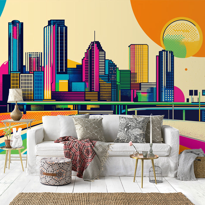 Colorful Cityscape Mural Wallpaper in Office | Various Colors (Blue, Red, Yellow, etc.) of City