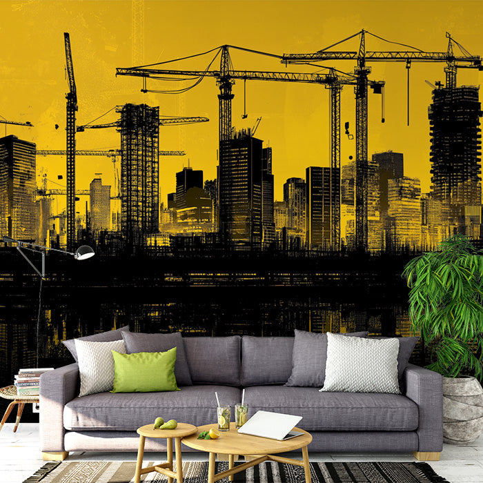 Yellow and Black Construction Site Mural Wallpaper in Office | Yellow and Black Construction in the City