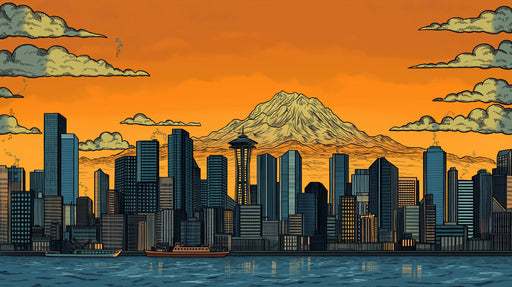 Orange Cityscape and Mountain Mural Wallpaper in Office | Orange and Blue Cityscape