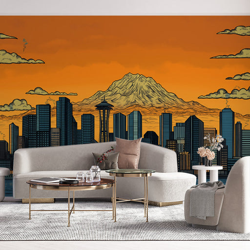 Orange Cityscape and Mountain Mural Wallpaper in Office | Orange and Blue Cityscape
