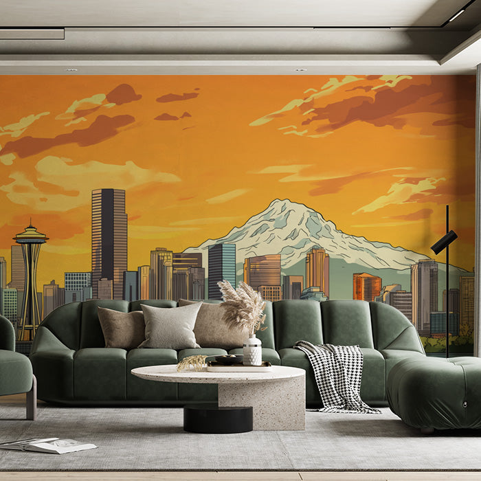 Orange Cityscape and Mountain Mural Wallpaper in Office | Orange and Blue Cityscape